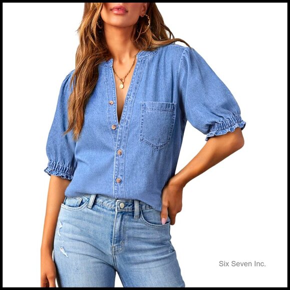 Tops - Denim Shirt Button Down Casual Short Sleeve V Neck Blouse